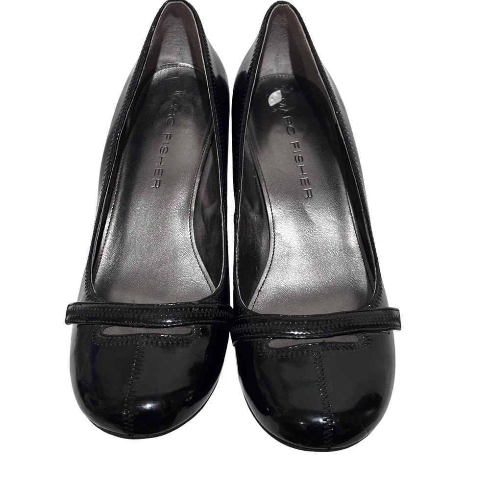 Marc Fisher Black Patent Round Toe Cone Heel Pumps Women 10M minimalist comfort